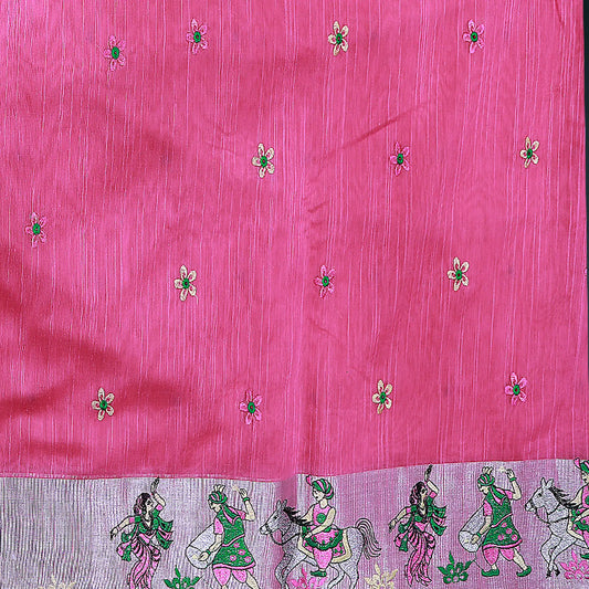 Pink Linen Emroidery Saree | Linen Pink