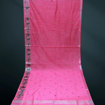 Pink Linen Emroidery Saree | Linen Pink