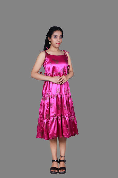 Pink Satin Floral Sleeveless Evening Gown | S3G1092