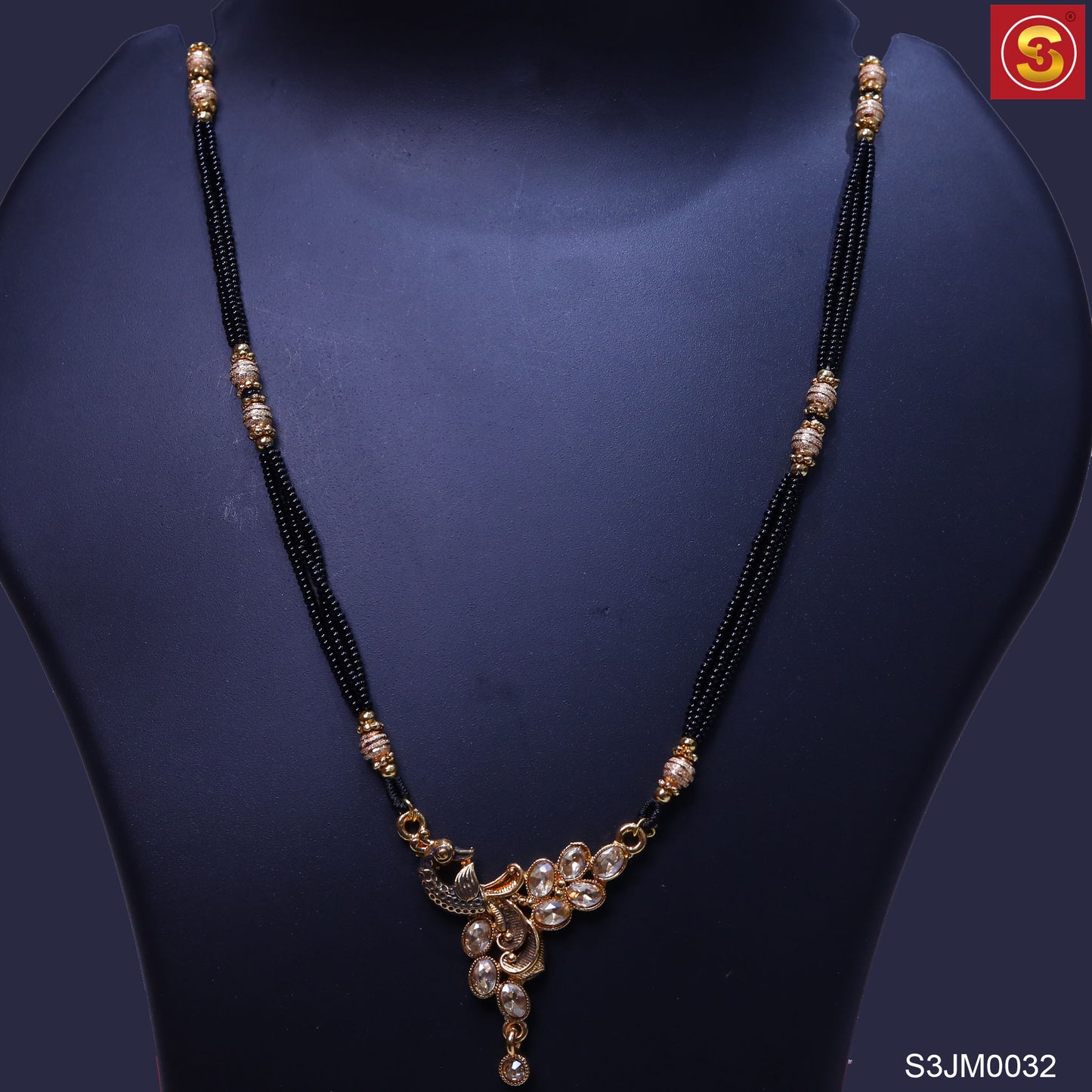 Two Layer Black beeds with golden beeds along with golden pendant locket