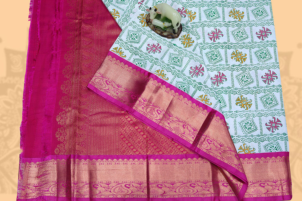 Hand block print pattu saree