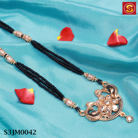 gold nd black beeds with peacock & flower stones pendant long mangalsutra(S3JM0042)