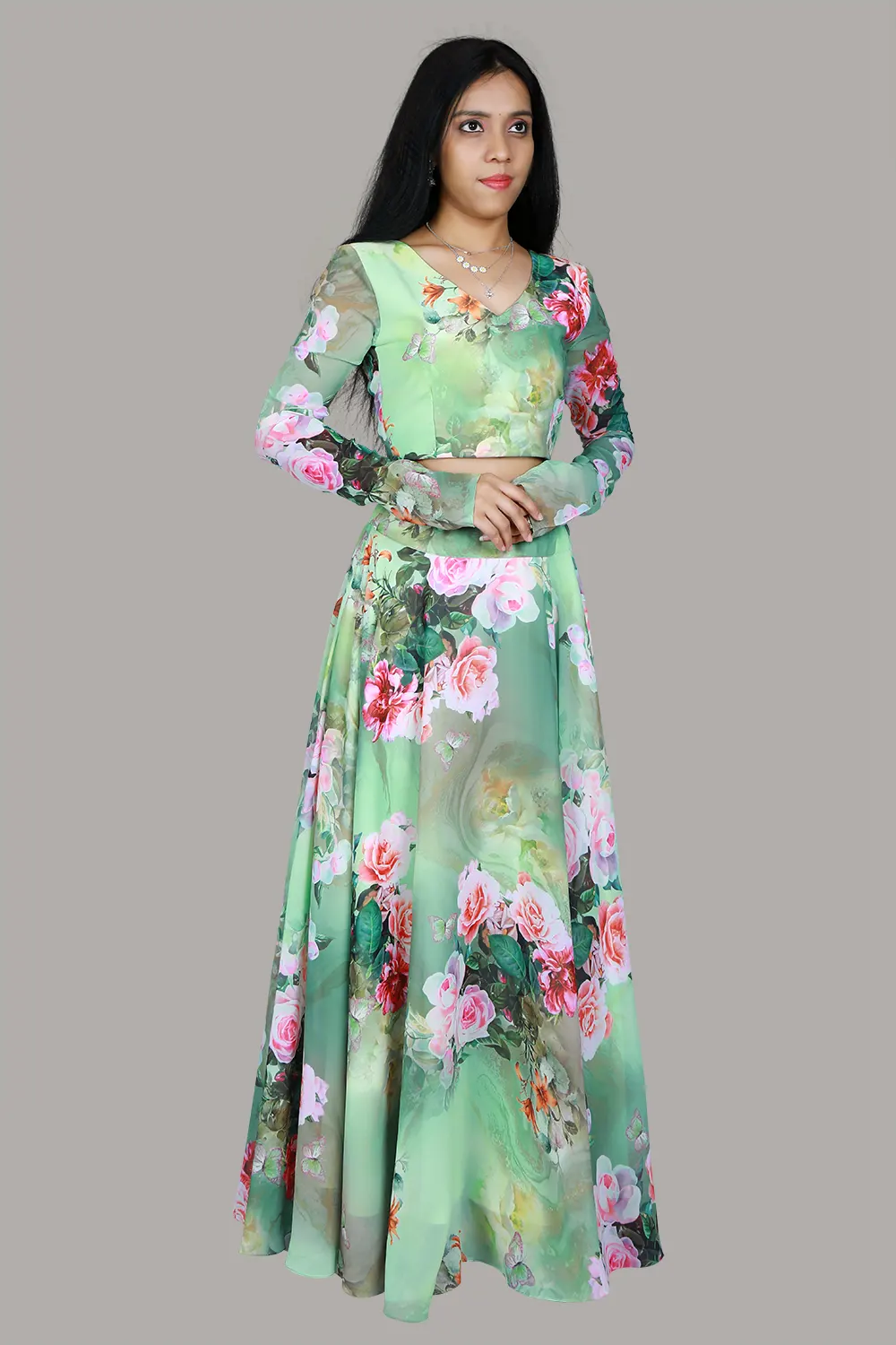 Green Floral Printed Flared Lehenga & Crop Top | S3BL932