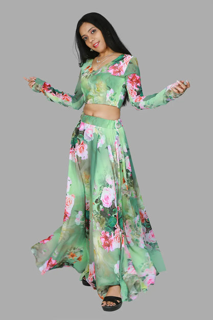 Green Floral Printed Flared Lehenga & Crop Top | S3BL932