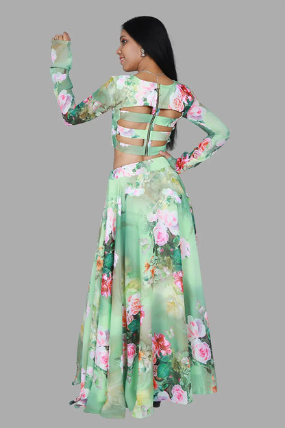 Green Floral Printed Flared Lehenga & Crop Top | S3BL932