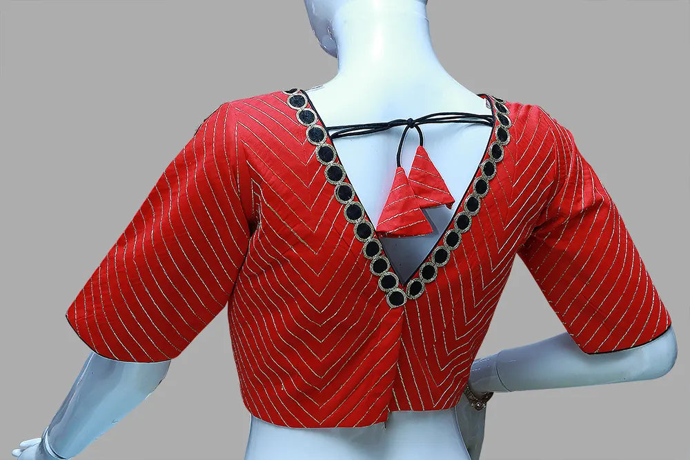 Red V Neck Zari Lines Design Blouse | S3B1221