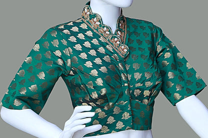 Green Banarasi Brocade with Heavy Maggam Work On Collar Neck Blouse | Green Banarasi