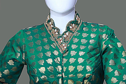 Green Banarasi Brocade with Heavy Maggam Work On Collar Neck Blouse | Green Banarasi