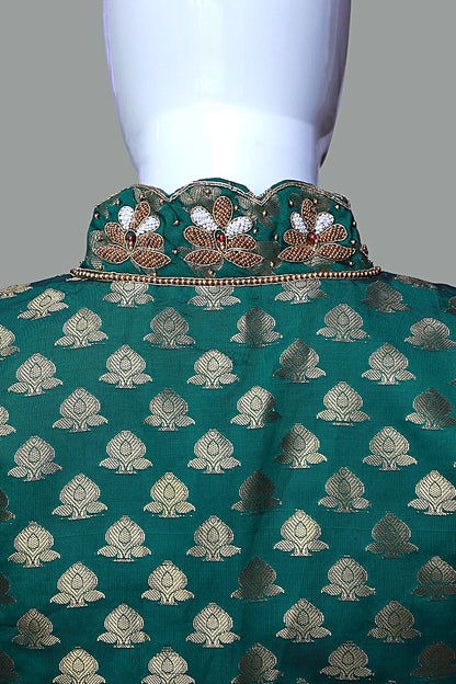 Green Banarasi Brocade with Heavy Maggam Work On Collar Neck Blouse | Green Banarasi