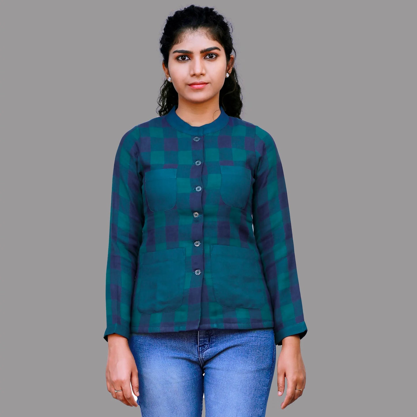 Blue and Green check shirt for Women S3S278