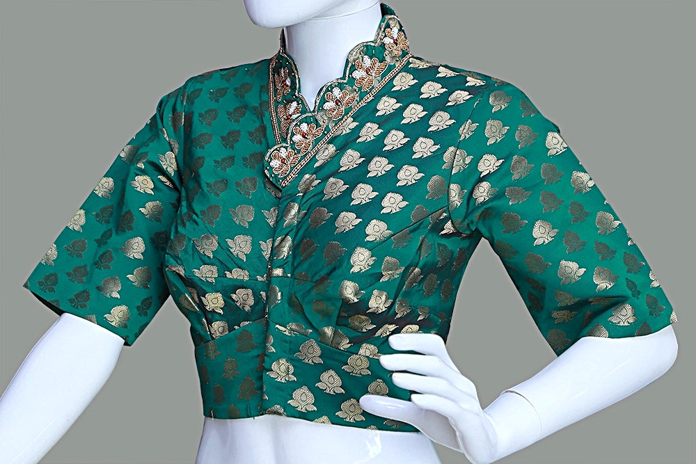 Green Banarasi Brocade with Heavy Maggam Work On Collar Neck Blouse | Green Banarasi