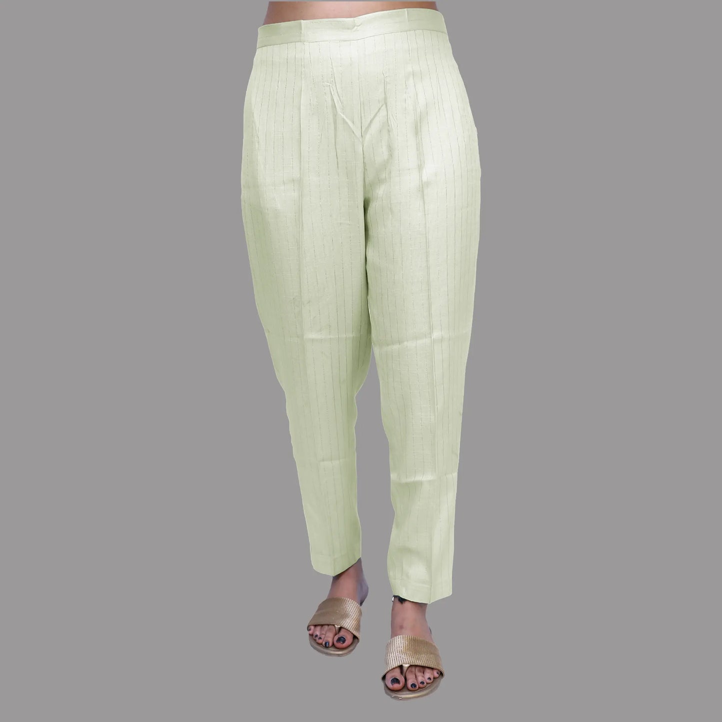 Regular Fit Women Cream Rayon Lurex Print Trousers | S3CP779