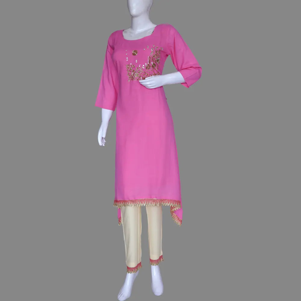 Pink Handicrafts Work A-Line Kurti Set | S3K1292