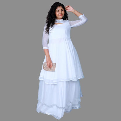 Women's White Chinese Collar Neck 3 layered Gown | S3G1057