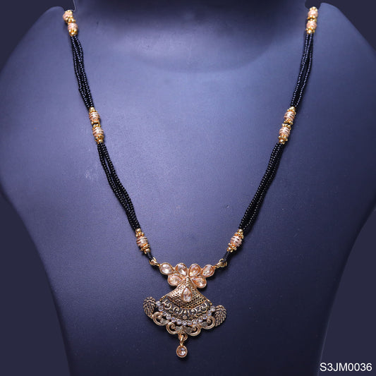 Two Layer Black Beeds with golden beeds along with golden pendant locket (S3JM0036)