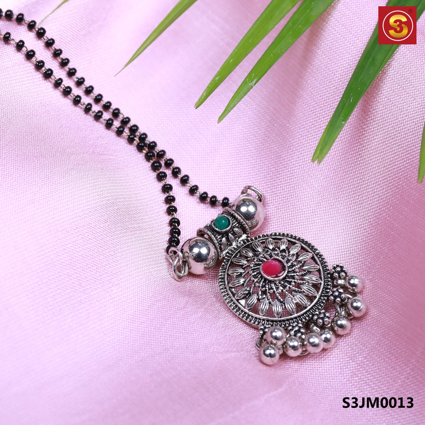 Silver Plated Ethnic Mangalsutra with Black Beads and Silver Pendant(S3JM0013)