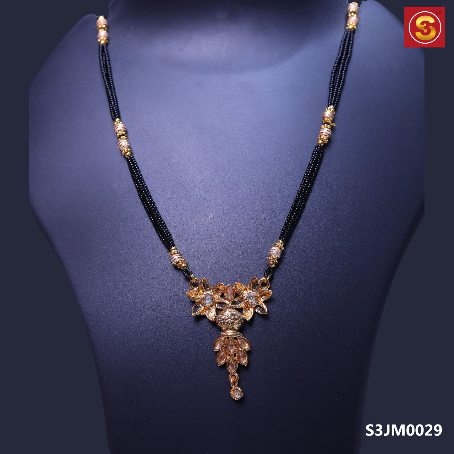 two layer black beeds with golden beeds along with golden pendant locket(S3JM0029)