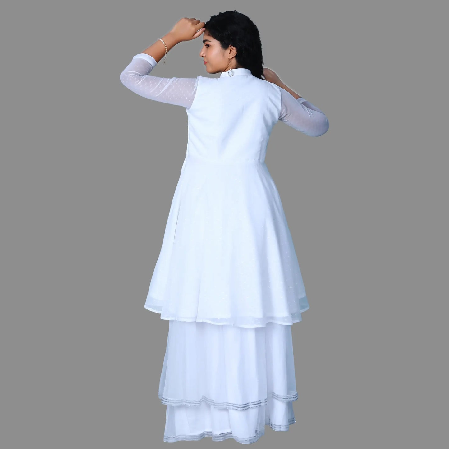 Women's White Chinese Collar Neck 3 layered Gown | S3G1057