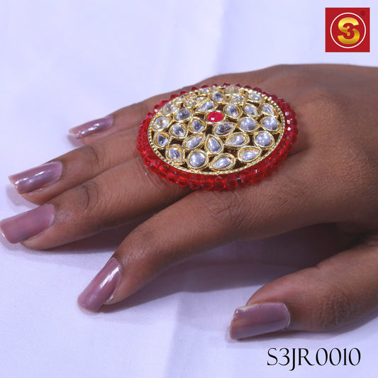 Red & White Kundan Pearl Ring(S3JR0010)