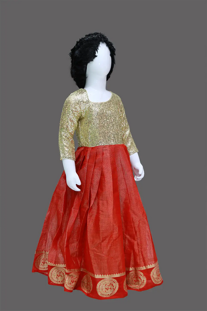 Gold & Red Pattu Baby Girl Dress | Gold & Red