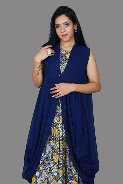 Women's Navy Blue Printed Straight Top with Skirt and Shrug | S3SBL1219