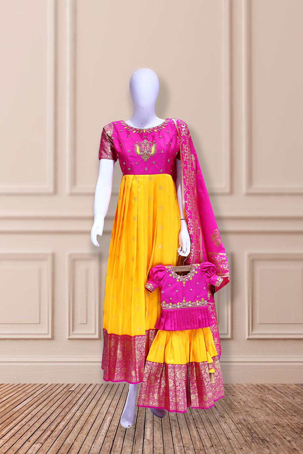 Mother and daughter combo pattu lehanga with maggam work blouse