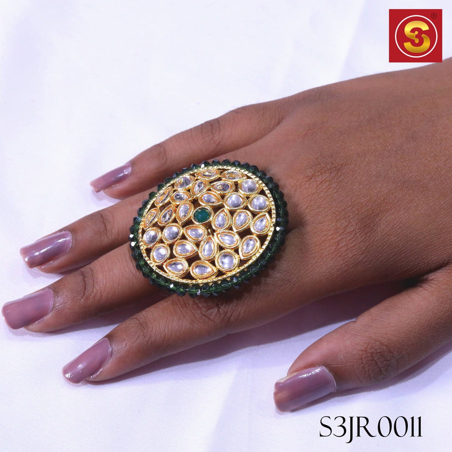 green and white  Indian round Ring (S3JR0011)