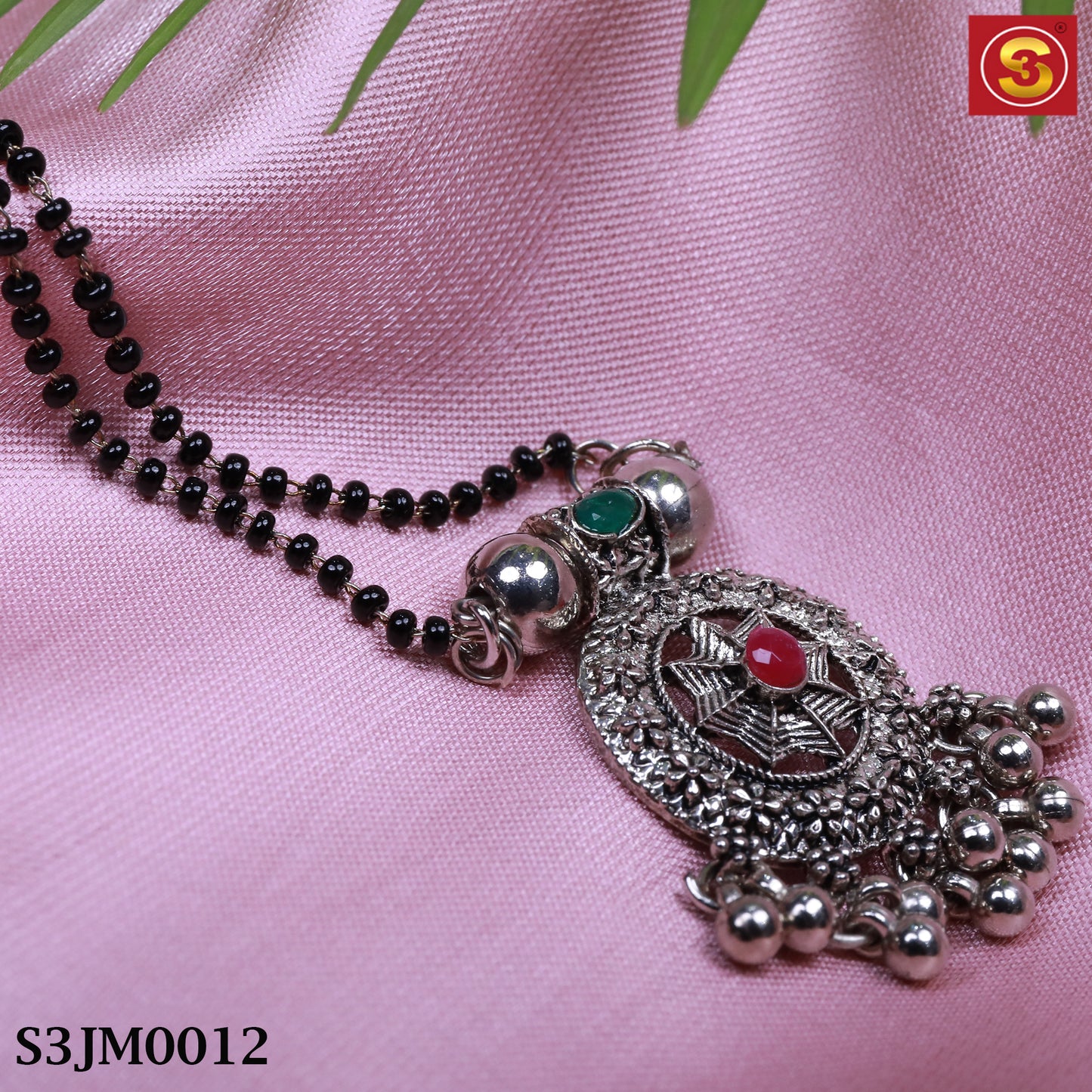 Silver Plated Ethnic Mangalsutra with Black Beads and Silver Pendant (S3JM0012)