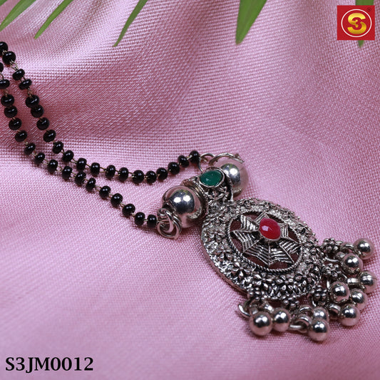 Silver Plated Ethnic Mangalsutra with Black Beads and Silver Pendant (S3JM0012)