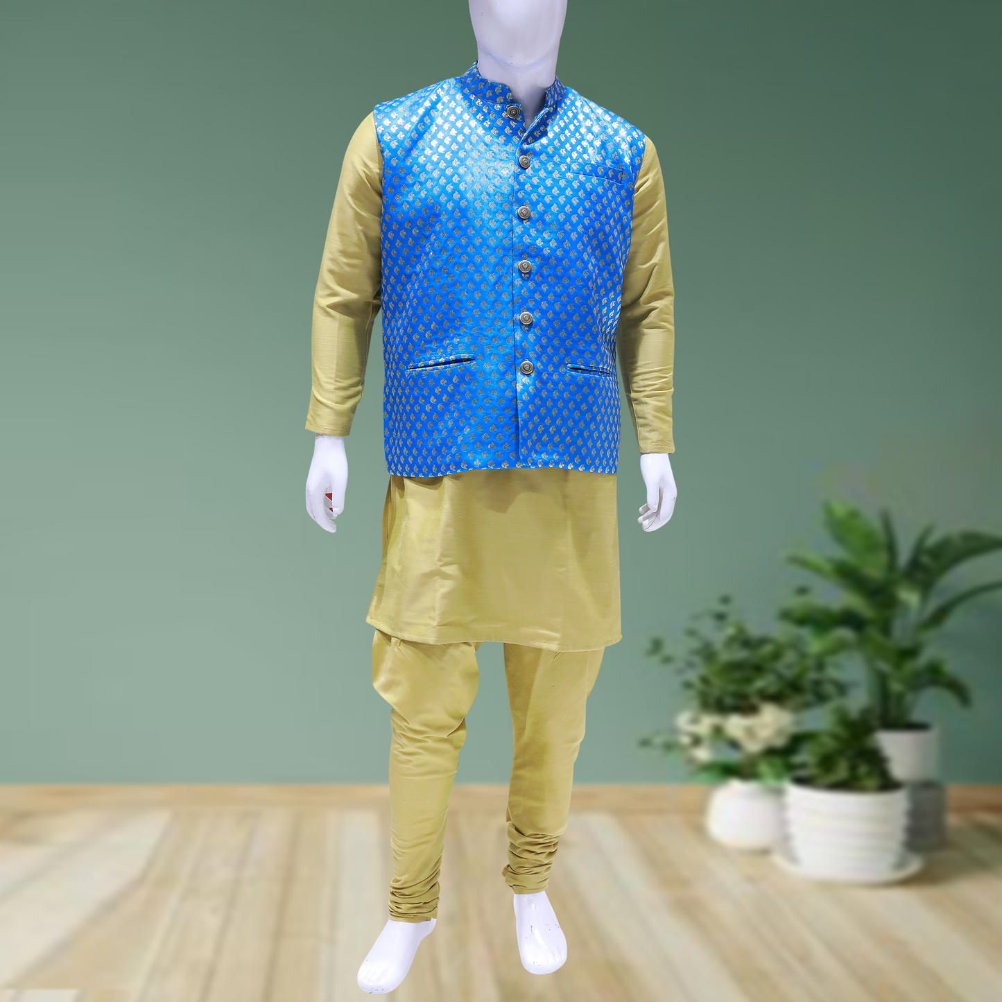 Men Dupion Silk Kurta Churidar Ethnic Jacket Set