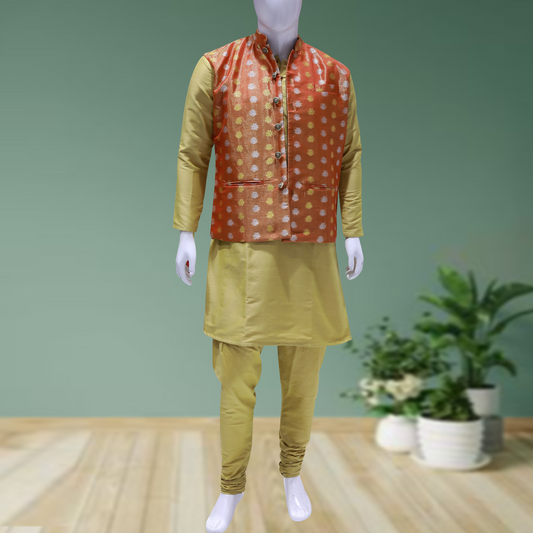 Men Silk Blend Kurta Pant Ethnic Jacket Set