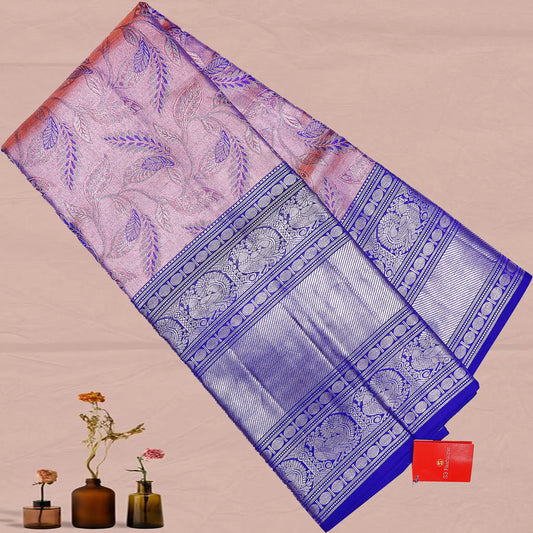 Blue and Peach Kanchi Pattu Saree | Big Border