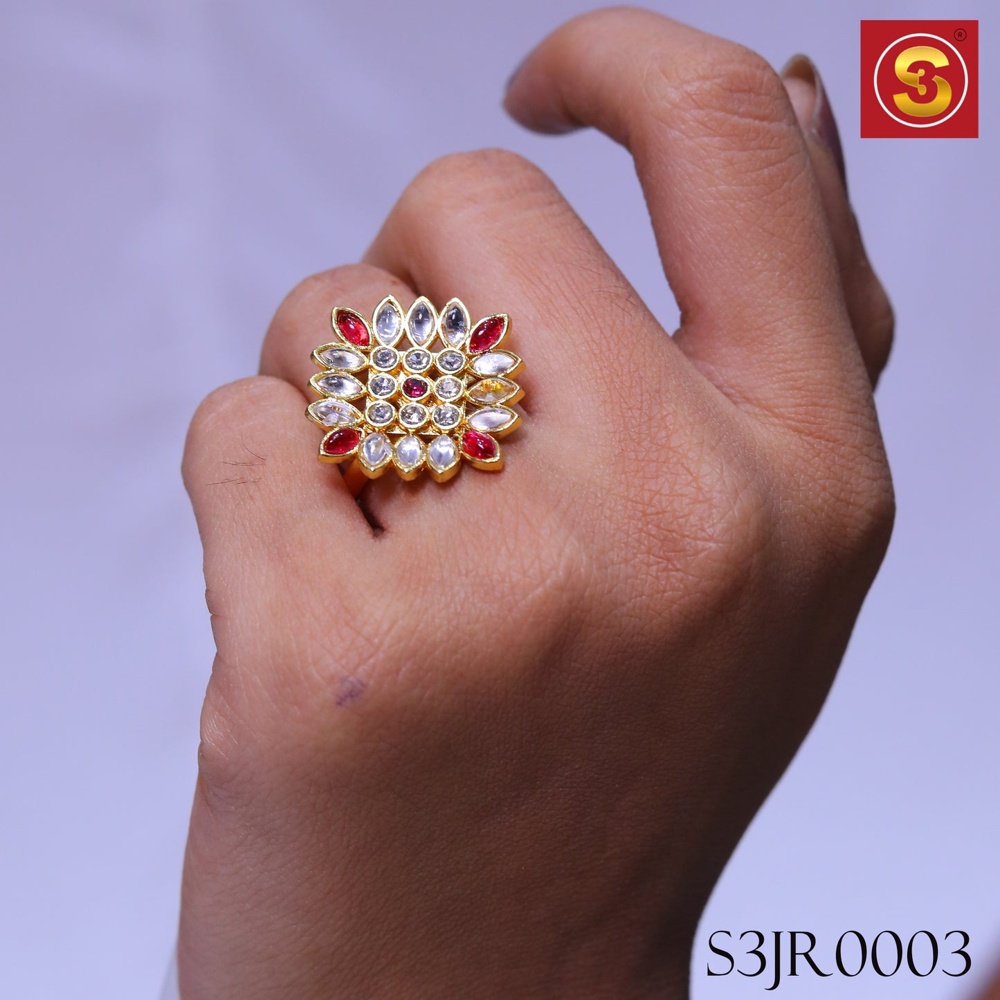 Red & White Kundan Ring(S3JR0003)