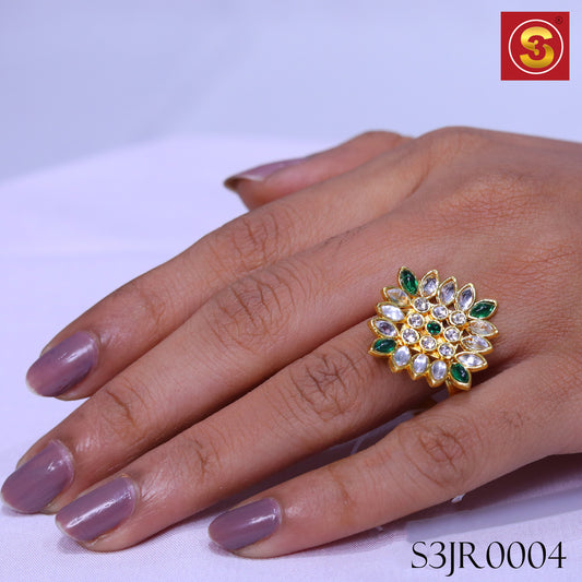 Green & White Kundan Ring(S3JR0004)