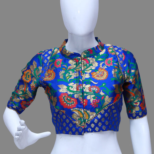 Blue Floral Printed Collared Neck Blouse | S3B1236