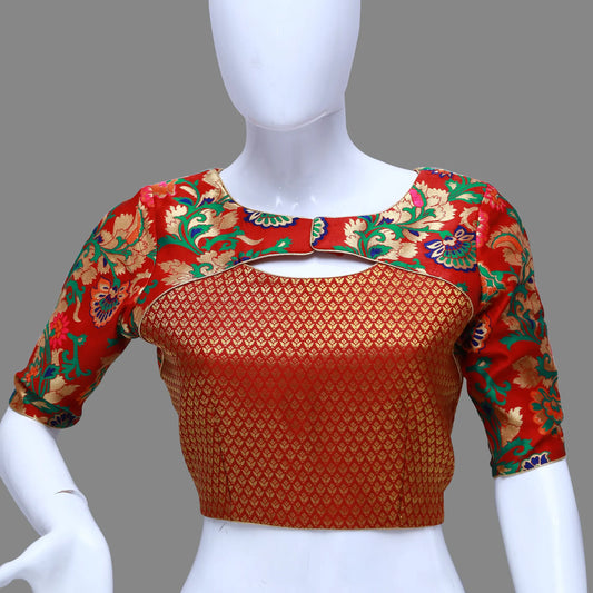 Red Floral Printed Pattu  Neck Pattu Blouse | S3B1235