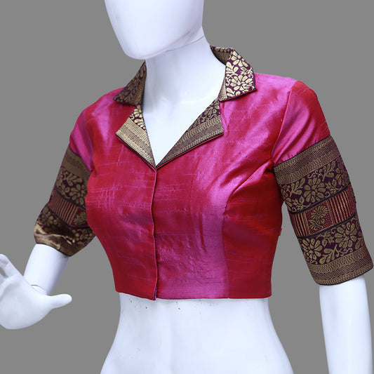 Women's Pink Collared V Neck pattu Blouse | Pink