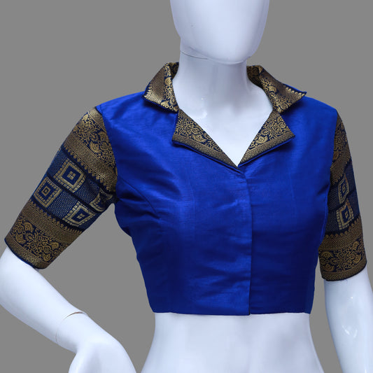 Women's Blue Collared Neck Pattu Blouse | S3B1174