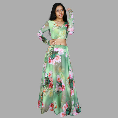 Green Floral Printed Flared Lehenga & Crop Top | S3BL932