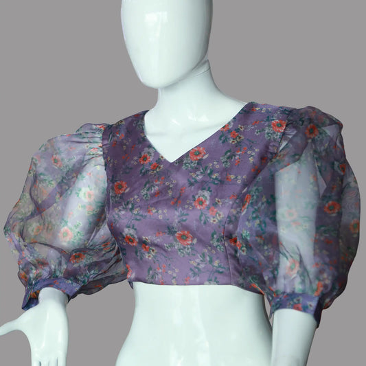 Baloon Sleeves Floral Printed Purple Organza Blouse | S3B1209