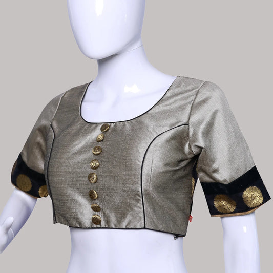 grey Broad Round Neck Princess Cut Embellished buttons with brocade patches Blouse | S3B27