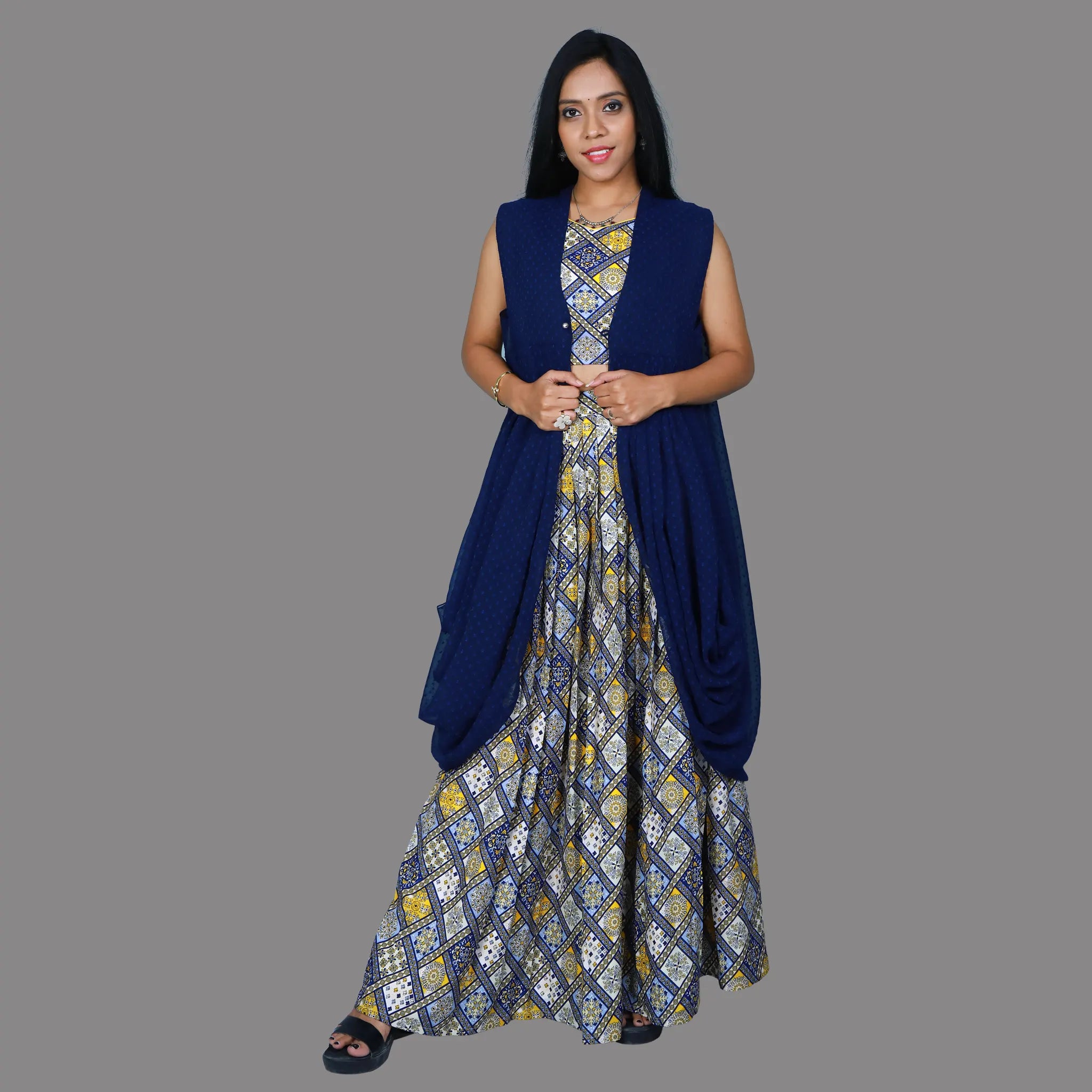 Blue Black Multicolor Georgette Floral Long Shrug - Shrugs Online in India  | Shrug for dresses, Fashion design dress, Stylish dresses