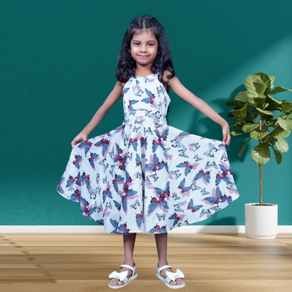 Floral Pretty Look New & Latest Fashion White & Printed Rayon Frock Gown for Kids