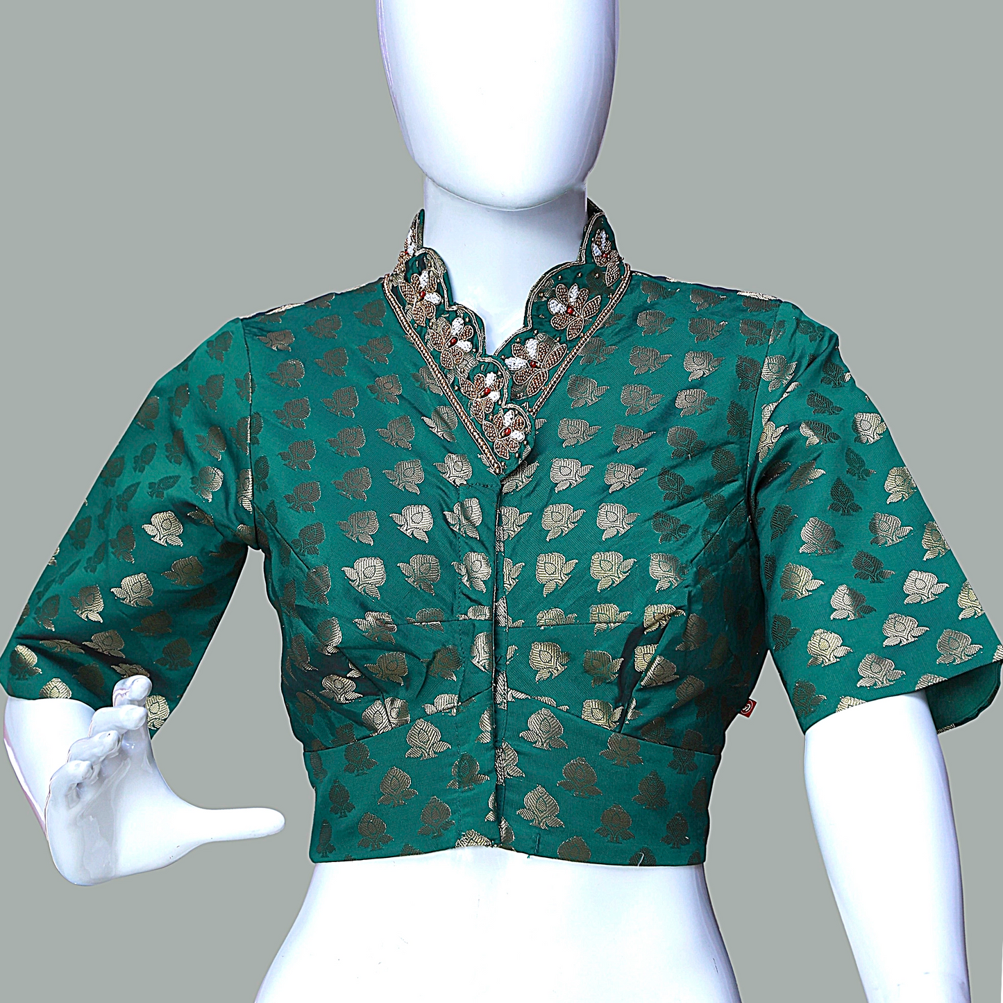 Green Banarasi Brocade with Heavy Maggam Work On Collar Neck Blouse | Green Banarasi