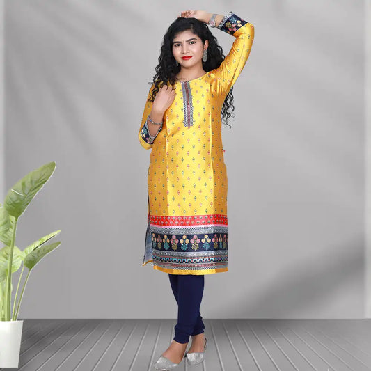 Yellow Floral Print Straight Kurti | S3K1815