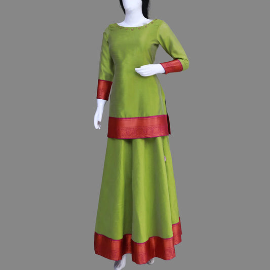 Green and Red Solid Boat Neck with Full Sleeves Sharara Dress | Green