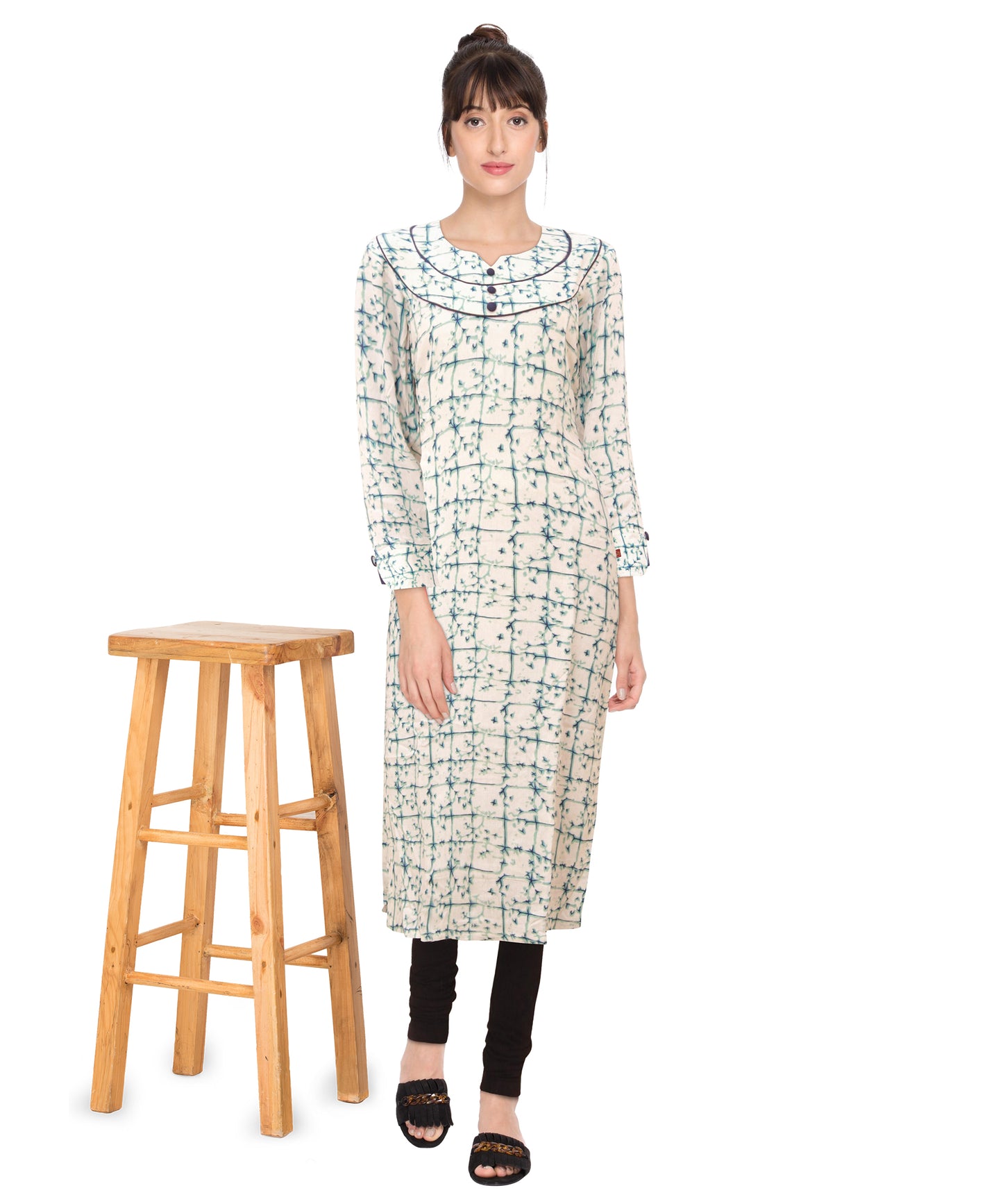 Navy Blue & Green Round Neck Checkered Kurta |  S3K035