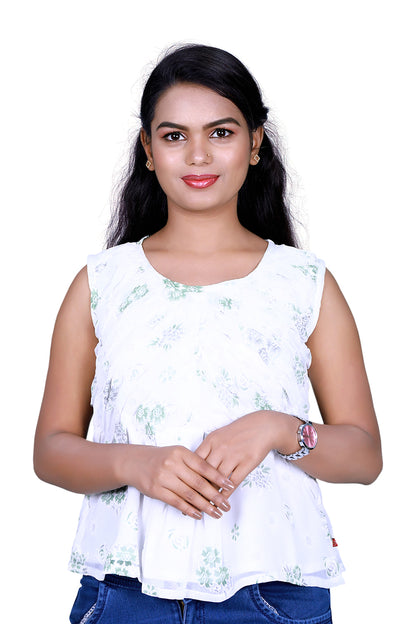 Womens Georgette White and Green Printed Short Tops | S3CT828