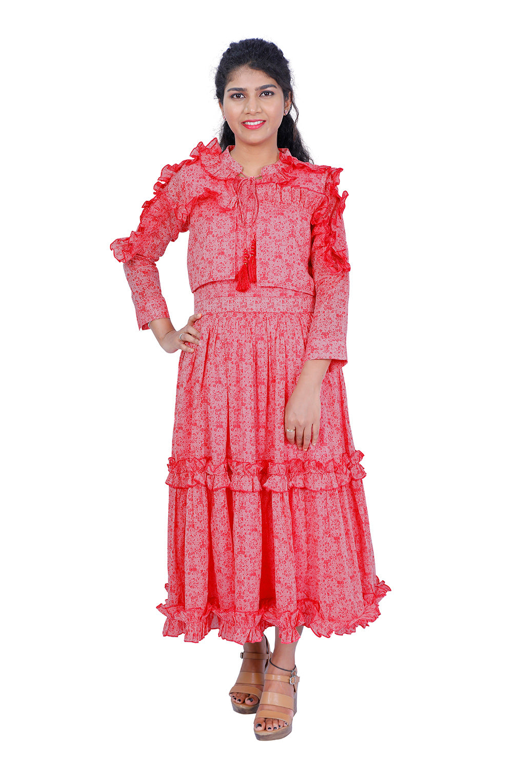 Flamingo Pink Tiered Maxi Dress With Shrug Set | S3W133