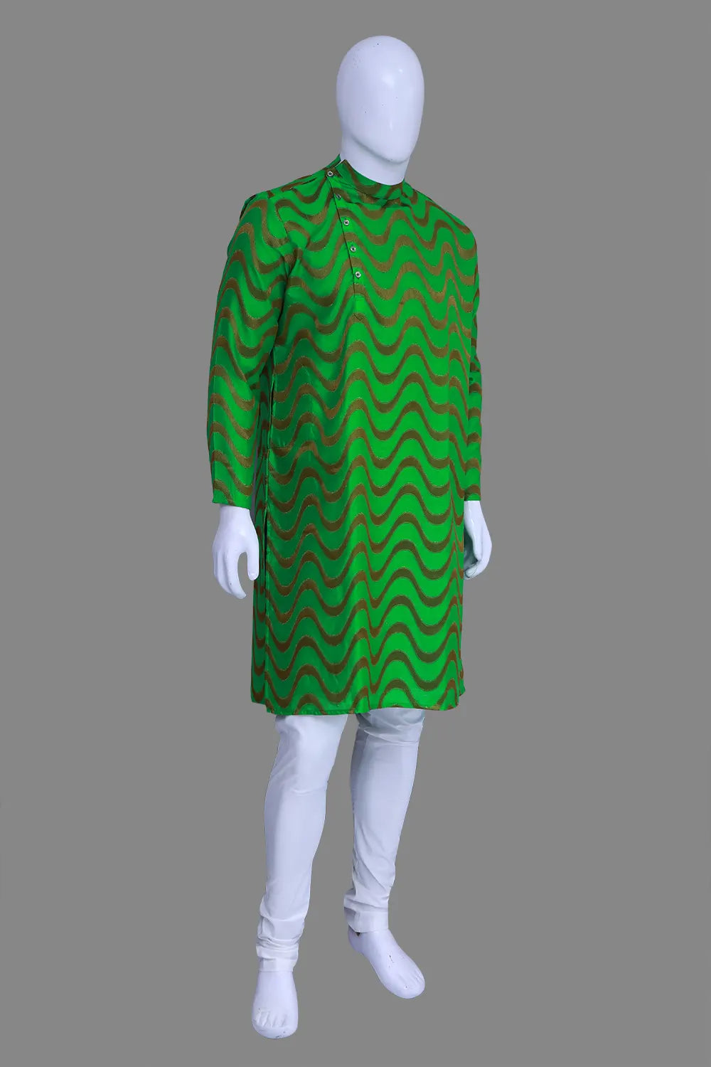 Men's Green High Neck Side Buttons Wave Printed Kurta | S3K1187/G